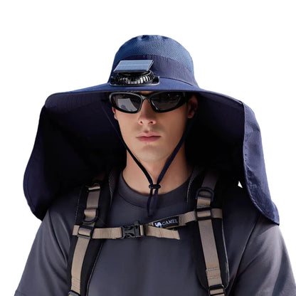 Navy Blue Outdoor Solar Fan Sun Hat - Large Brim Fishing Hiking Hat with Neck Cape
