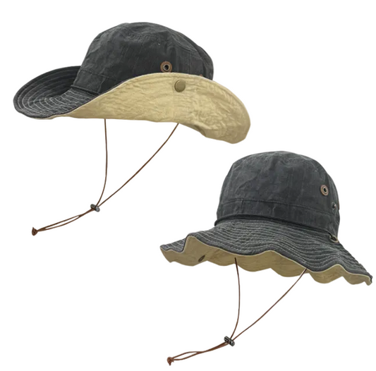 Black Wide Brim Outdoor Cowboy Sun Hat - Adjustable & Breathable for Hiking, Fishing, and Camping