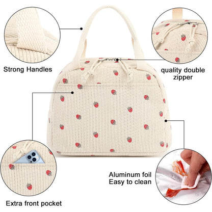 Beige Strawberry Pattern Corduroy Lunch Bag - Insulated Thermal Cooler Tote for School Work and Picnics