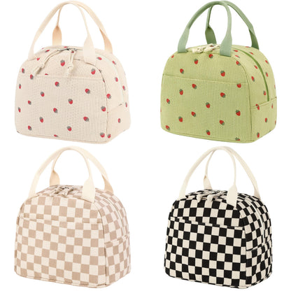 Pink Strawberry Pattern Corduroy Lunch Bag - Insulated Thermal Cooler Tote for School Work and Picnics