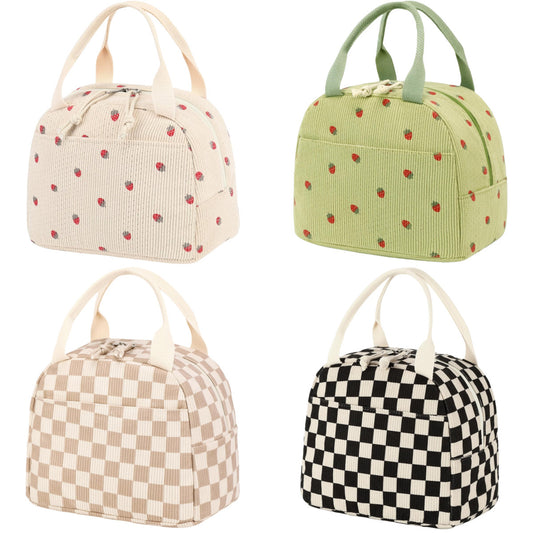 Pink Strawberry Pattern Corduroy Lunch Bag - Insulated Thermal Cooler Tote for School Work and Picnics