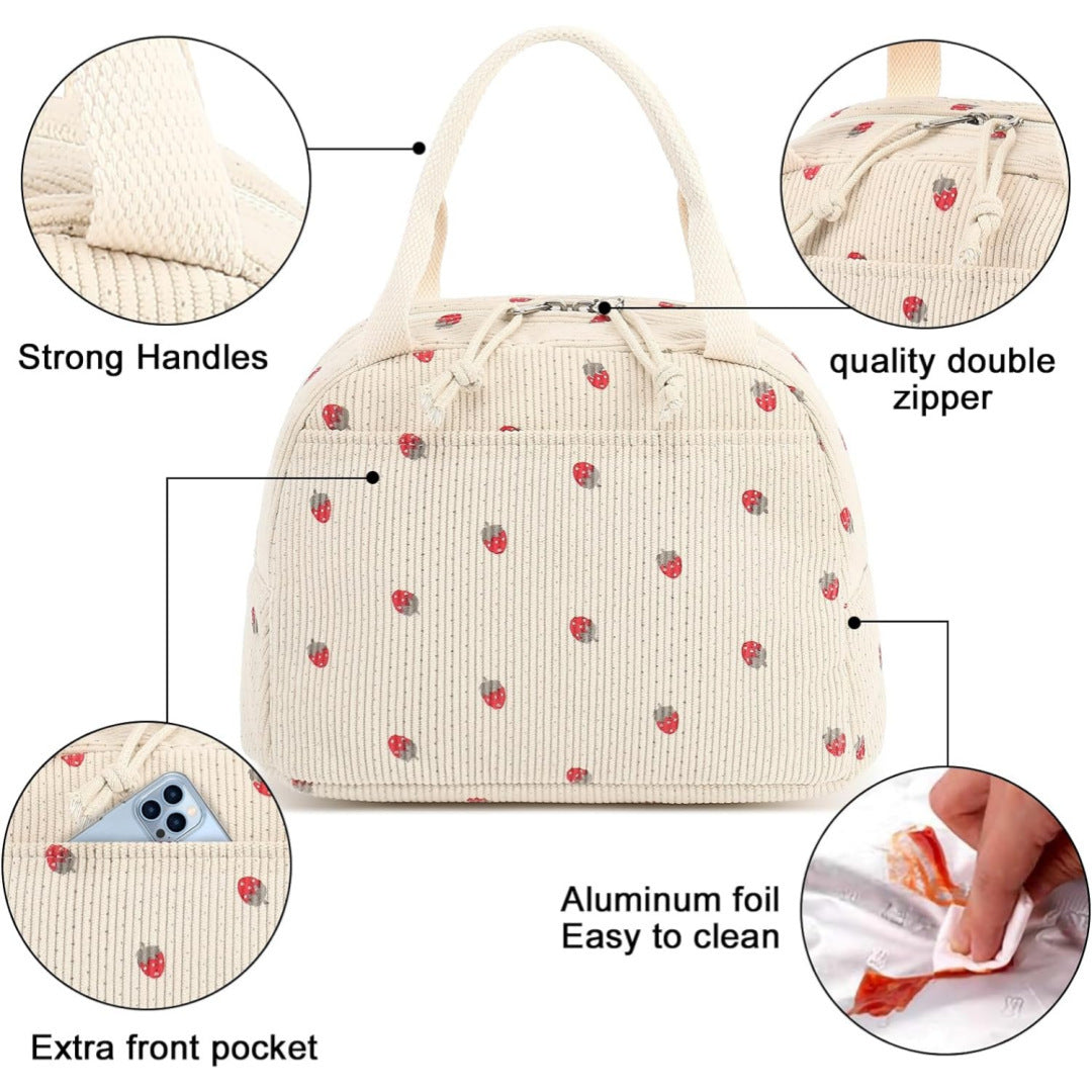 Pink Strawberry Pattern Corduroy Lunch Bag - Insulated Thermal Cooler Tote for School Work and Picnics