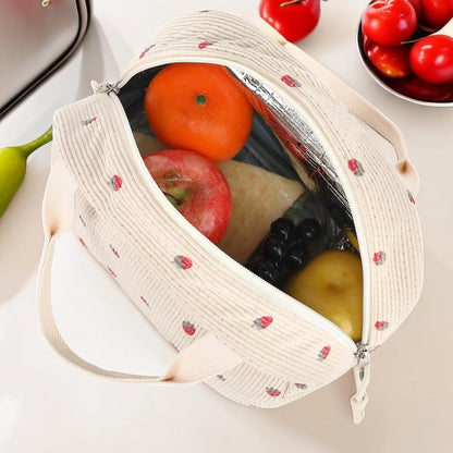 Black and White Checkered Pattern Corduroy Lunch Bag - Insulated Thermal Cooler Tote for School Work and Picnics