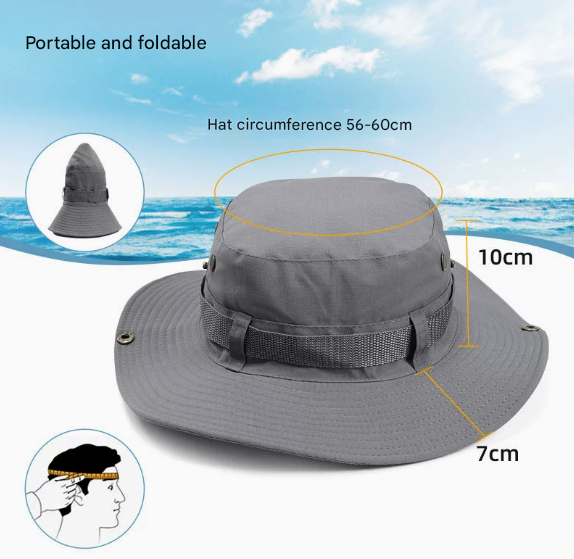 Grey Foldable Wide Brim Sun Hat Unisex Bucket Safari Cap Adjustable 56-60cm for Fishing Hiking Camping and Outdoor Travel