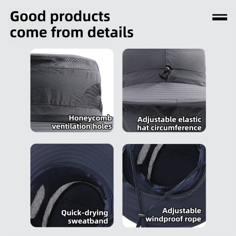 2-Pack Light Grey Men's Adjustable Sun Protection Hat - Wide Brim, Deep Crown, Quick Dry Breathable Sun Cap with Neck Flap for Hiking & Outdoors