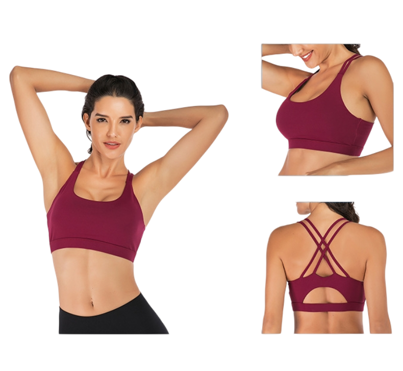 S Size Wine Red Elegant Sexy Criss-Cross Back Sports Bra for Women - High Support & Anti-Shock, Wire-Free Yoga Crop Top with X-Shape Fine Strap