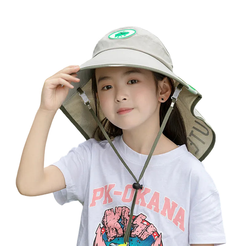 Grey Kids UV Protection Sun Hat - Breathable Wide Brim Bucket Hat with Neck Flap for Summer Beach & Outdoor Play