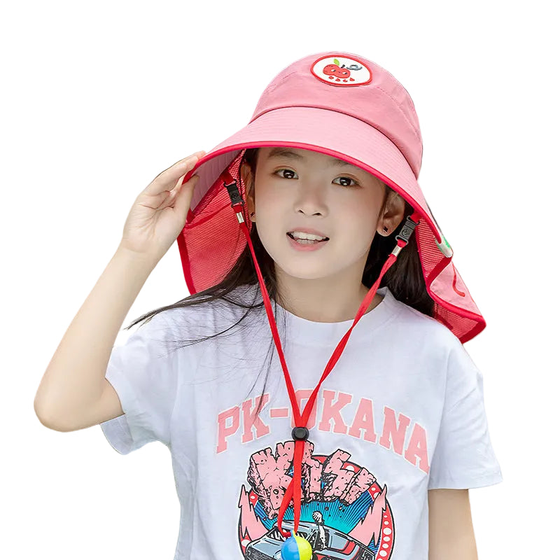 Red Kids UV Protection Sun Hat - Breathable Wide Brim Bucket Hat with Neck Flap for Summer Beach & Outdoor Play