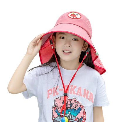 Red Kids UV Protection Sun Hat - Breathable Wide Brim Bucket Hat with Neck Flap for Summer Beach & Outdoor Play