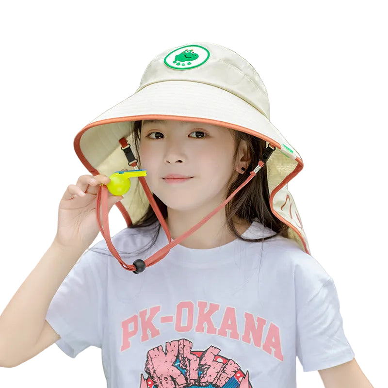 White Kids UV Protection Sun Hat - Breathable Wide Brim Bucket Hat with Neck Flap for Summer Beach & Outdoor Play