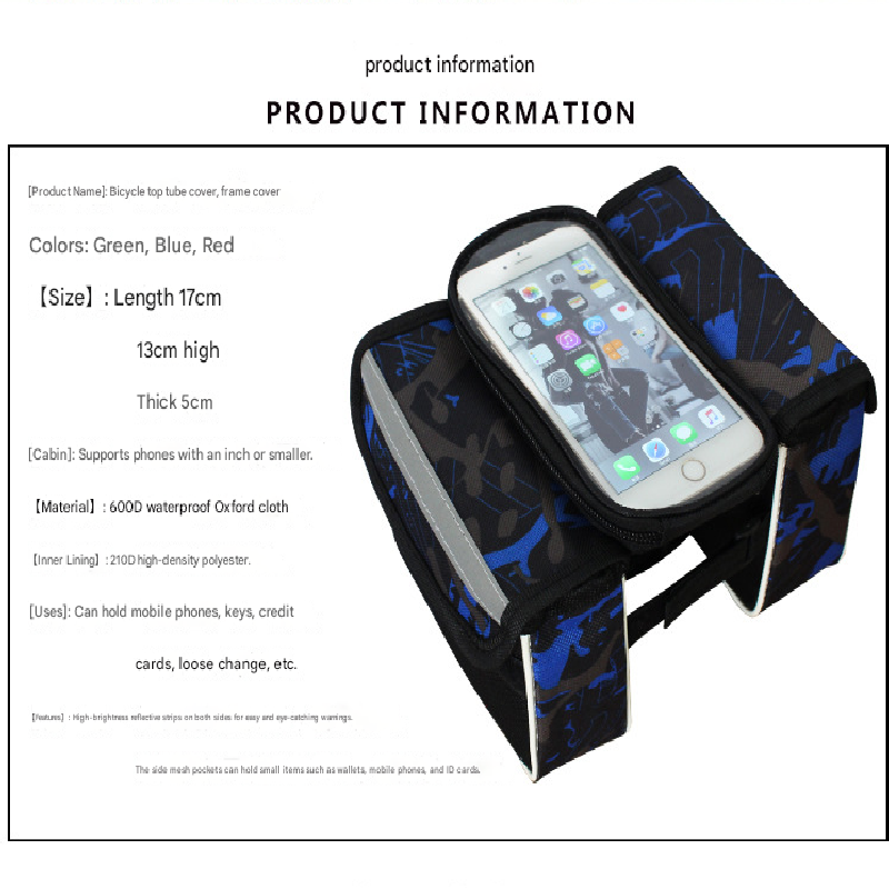 Blue Bicycle Top Tube Frame Bag with Detachable Touch Screen Phone Holder