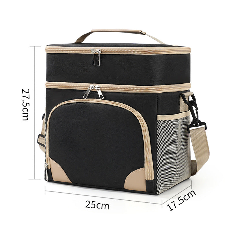 Black Dual Layer Insulated Lunch Bag 12L Large Capacity Cooler Tote