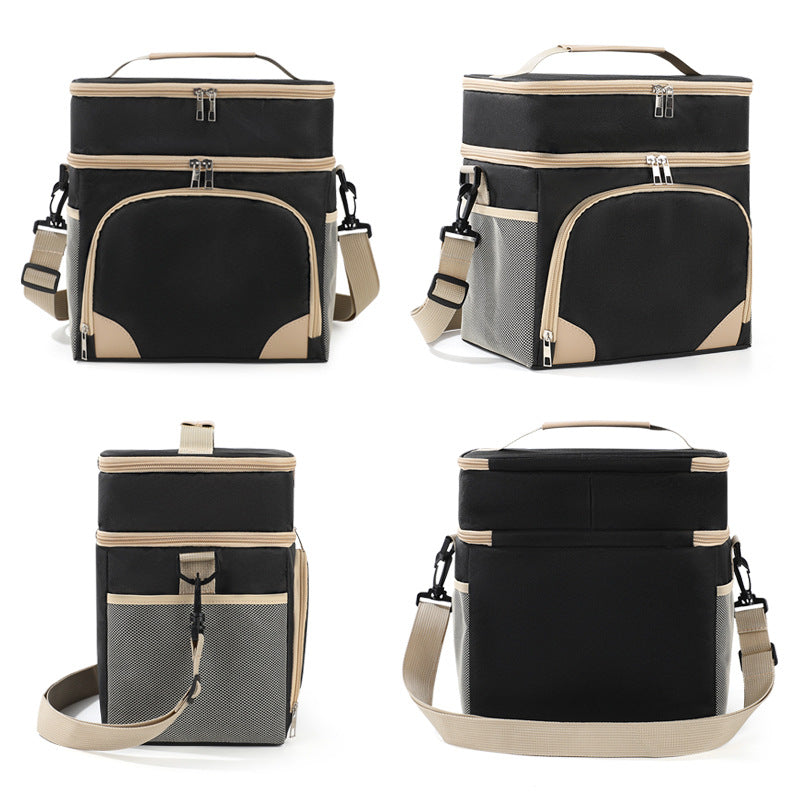 Black Dual Layer Insulated Lunch Bag 12L Large Capacity Cooler Tote
