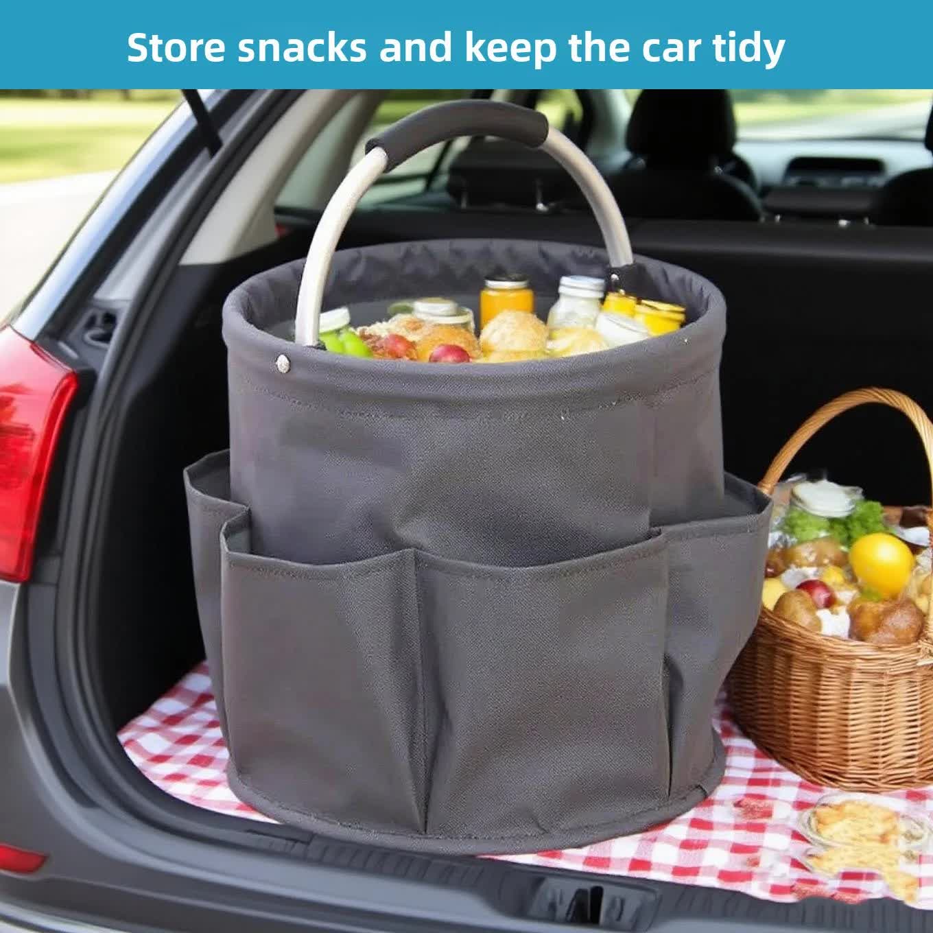 Blue Multi-Function Collapsible Storage Basket with Drawstring Closure Portable Cleaning Caddy and Picnic Organiser Bag with Multiple Pockets