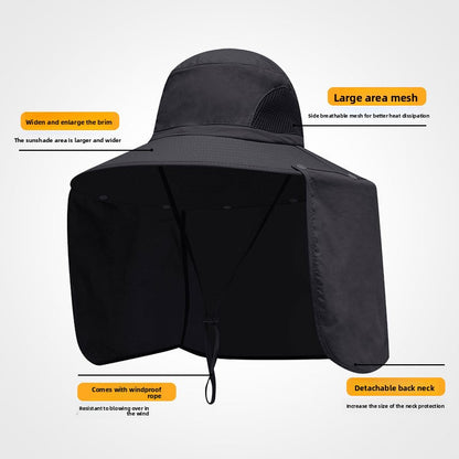 Black UPF 50+ Sun Protection Fishing Hat Wide Brim Neck Flap Quick Dry Bucket Hat for Outdoor Hiking and Gardening
