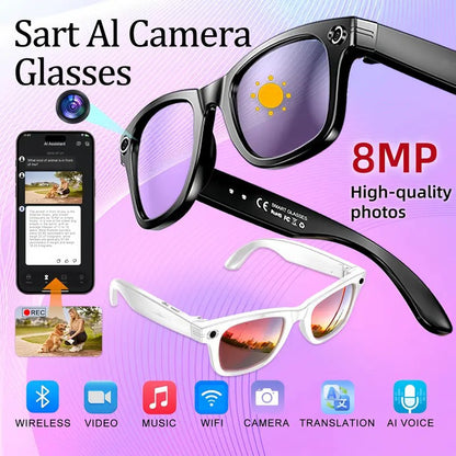 Black Smart AI Camera Sunglasses 8MP HD Video Sunglasses Supports Bluetooth Audio & WiFi Transmission - Hands-free recording with electronic image stabilization Ideal for vlogging, driving, and outdoor adventures