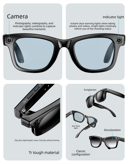 Black Smart AI Camera Sunglasses 8MP HD Video Sunglasses Supports Bluetooth Audio & WiFi Transmission - Hands-free recording with electronic image stabilization Ideal for vlogging, driving, and outdoor adventures