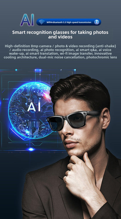 Black Smart AI Camera Sunglasses 8MP HD Video Sunglasses Supports Bluetooth Audio & WiFi Transmission - Hands-free recording with electronic image stabilization Ideal for vlogging, driving, and outdoor adventures