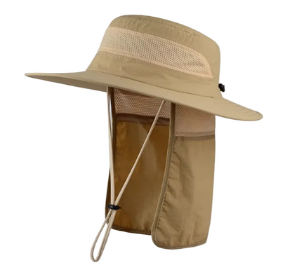 Wide Brim Sun Hat with Neck Flap UPF 50+ Protection Quick Dry Safari Cap Mesh Breathable for Fishing Gardening Hiking Outdoor Khaki