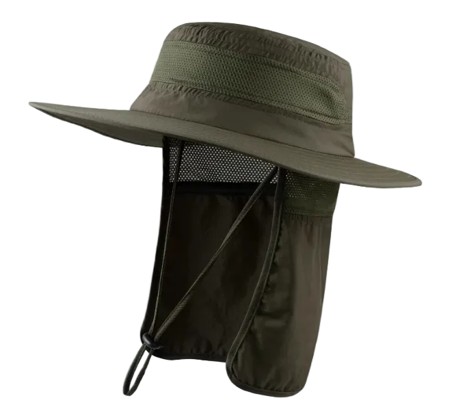 Wide Brim Sun Hat with Neck Flap UPF 50+ Protection Quick Dry Safari Cap Mesh Breathable for Fishing Gardening Hiking Outdoor Pitch Green
