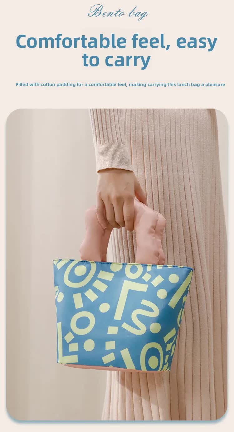 Insulated Lunch Bag Tote Fashion Graffiti Print with Soft Padded Handle Waterproof Thermal Cooler Bento Case for Work School and Picnics Blue with Pink Handle