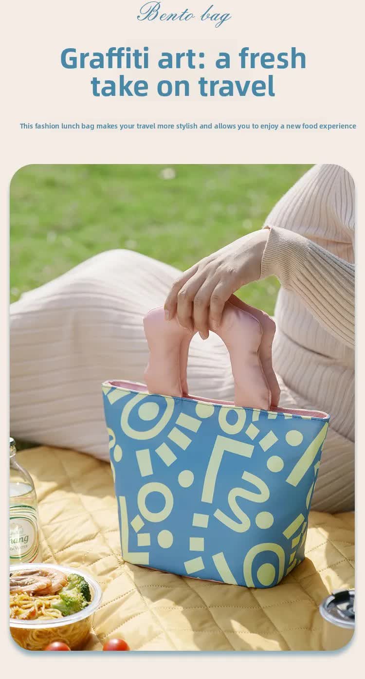 Insulated Lunch Bag Tote Fashion Graffiti Print with Soft Padded Handle Waterproof Thermal Cooler Bento Case for Work School and Picnics Blue with Green Handle