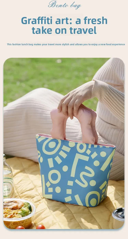 Insulated Lunch Bag Tote Fashion Graffiti Print with Soft Padded Handle Waterproof Thermal Cooler Bento Case for Work School and Picnics Blue with Purple Handle