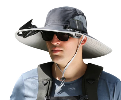 Dark Grey Dual Solar Fan Hat with Rechargeable Battery - Wide Brim UPF 50+ Sun Protection Bucket Hat for Fishing & Outdoor Work