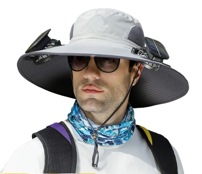 Light Grey Dual Solar Fan Hat with Rechargeable Battery - Wide Brim UPF 50+ Sun Protection Bucket Hat for Fishing & Outdoor Work