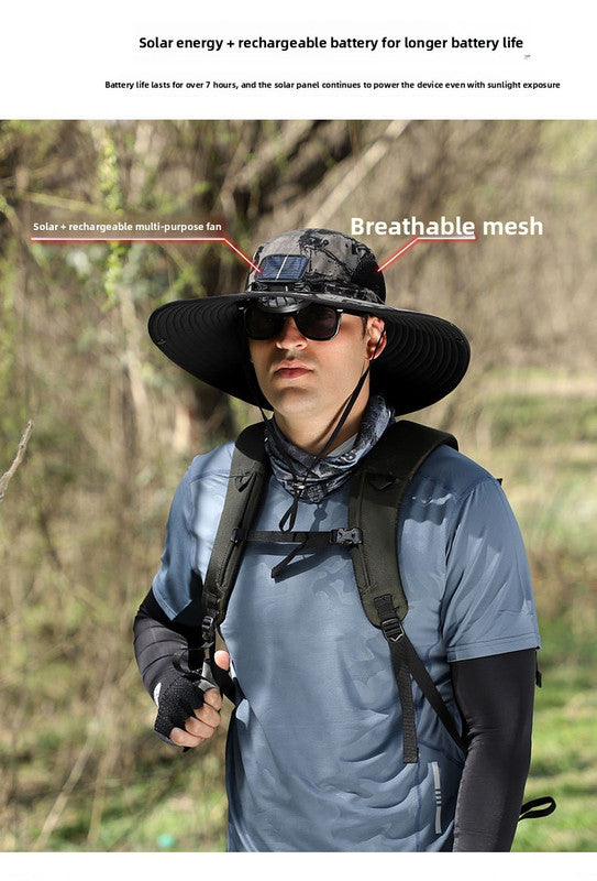 Light Grey Dual Solar Fan Hat with Rechargeable Battery - Wide Brim UPF 50+ Sun Protection Bucket Hat for Fishing & Outdoor Work