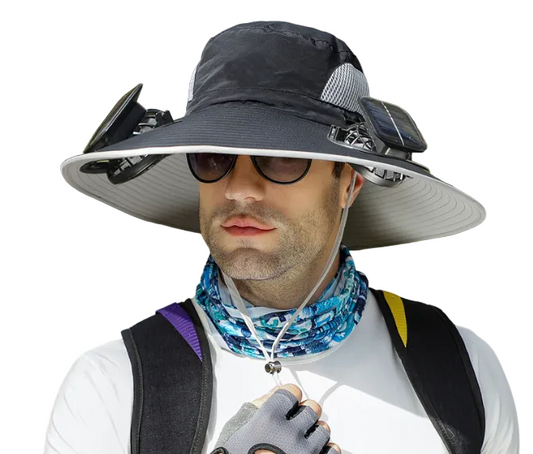 Black Dual Solar Fan Hat with Rechargeable Battery - Wide Brim UPF 50+ Sun Protection Bucket Hat for Fishing & Outdoor Work