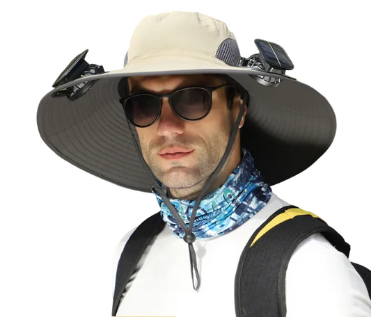 Khaki Dual Solar Fan Hat with Rechargeable Battery - Wide Brim UPF 50+ Sun Protection Bucket Hat for Fishing & Outdoor Work