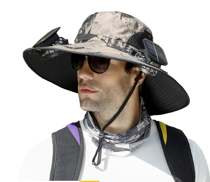 Dual Solar Fan Hat with Rechargeable Battery - Wide Brim UPF 50+ Sun Protection Bucket Hat - Khaki Ink Pattern for Fishing & Camping