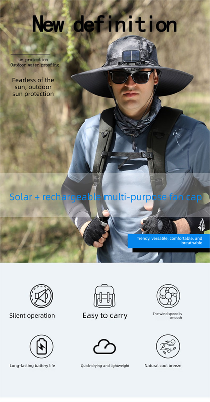 Dual Solar Fan Hat with Rechargeable Battery - Wide Brim UPF 50+ Sun Protection Bucket Hat - Khaki Ink Pattern for Fishing & Camping
