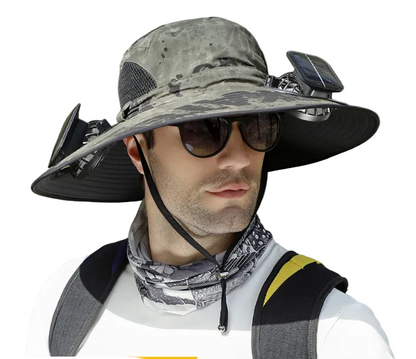 Dual Solar Fan Hat with Rechargeable Battery - Wide Brim UPF 50+ Sun Protection Bucket Hat - Green Ink Pattern for Fishing & Camping