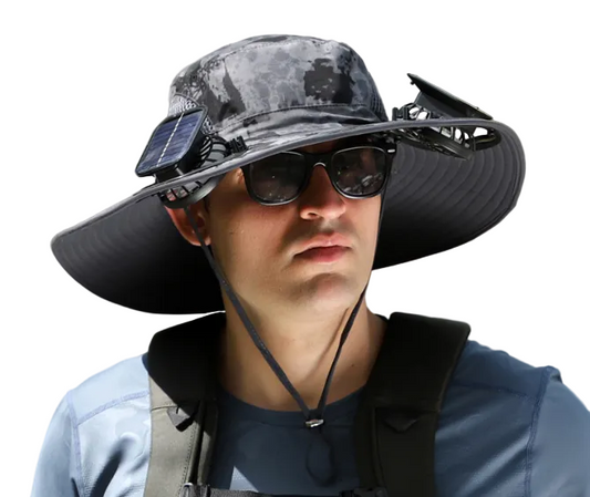 Dual Solar Fan Hat with Rechargeable Battery - Wide Brim UPF 50+ Sun Protection Bucket Hat - Dark Grey Ink Ink Pattern for Fishing & Camping