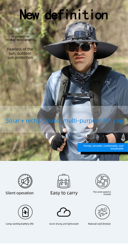 Dual Solar Fan Hat with Rechargeable Battery - Wide Brim UPF 50+ Sun Protection Bucket Hat - Dark Grey Ink Ink Pattern for Fishing & Camping