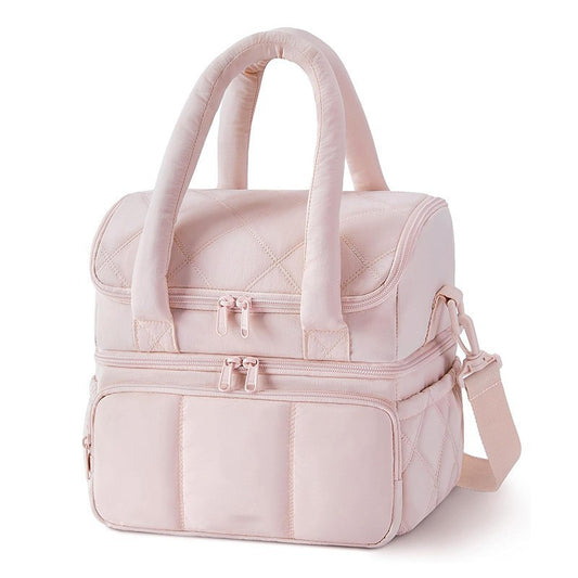 Pink Double-Layer Insulated Quilted Puffer Lunch Bag(10 x 7 x 10 inch)