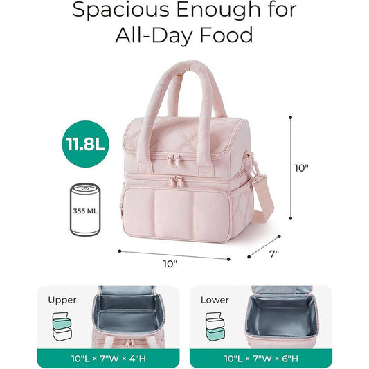 Pink Double-Layer Insulated Quilted Puffer Lunch Bag(10 x 7 x 10 inch)