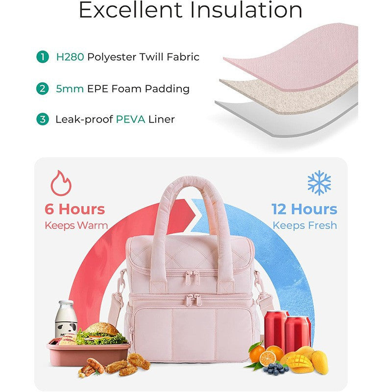 Pink Double-Layer Insulated Quilted Puffer Lunch Bag(10 x 7 x 10 inch)