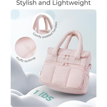 Pink Double-Layer Insulated Quilted Puffer Lunch Bag(10 x 7 x 10 inch)