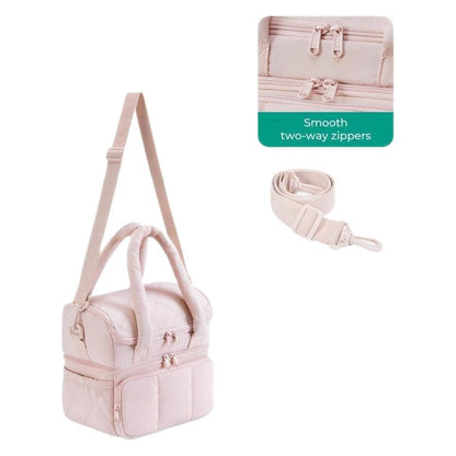 Beige Double-Layer Insulated Quilted Puffer Lunch Bag(10 x 7 x 10 inch) - Large Capacity Picnic Cooler Tote, Long-Lasting Hot/Cold Retention
