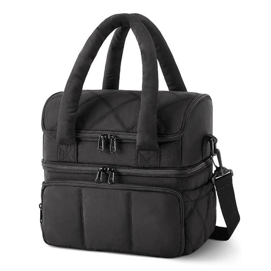 Black Double-Layer Insulated Quilted Puffer Lunch Bag(10 x 7 x 10 inch) - Large Capacity Picnic Cooler Tote, Long-Lasting Hot/Cold Retention