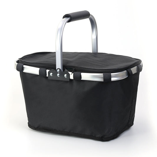 Black Foldable Insulated Picnic Basket With Zipper Lid & Handle - Modern Minimalist Large Capacity Thermal Shopping Basket for Grocery, Camping, and Meal Delivery