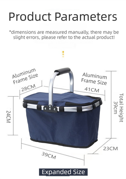 Red Foldable Insulated Picnic Basket With Zipper Lid & Handle - Modern Minimalist Large Capacity Thermal Shopping Basket for Grocery, Camping, and Meal Delivery