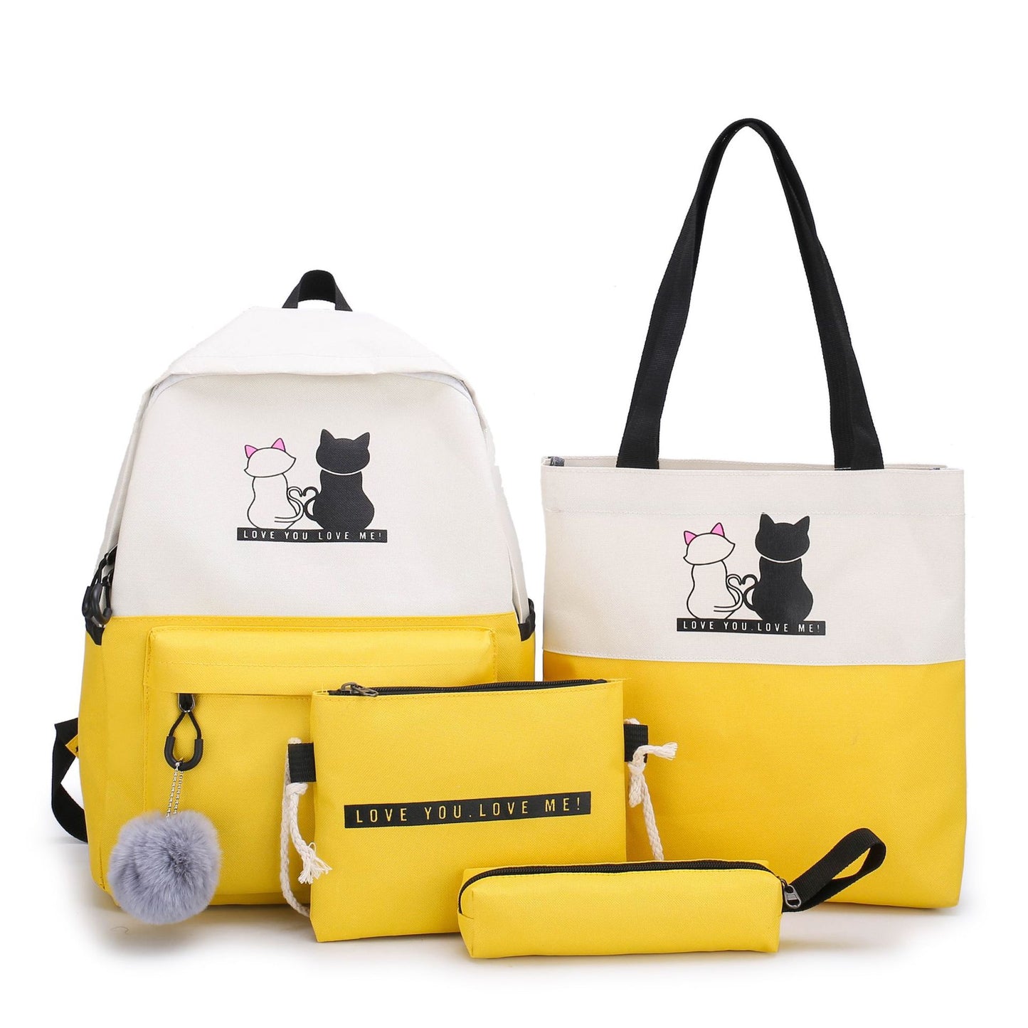 4-Piece Yellow Student Backpack Set with Cat Print