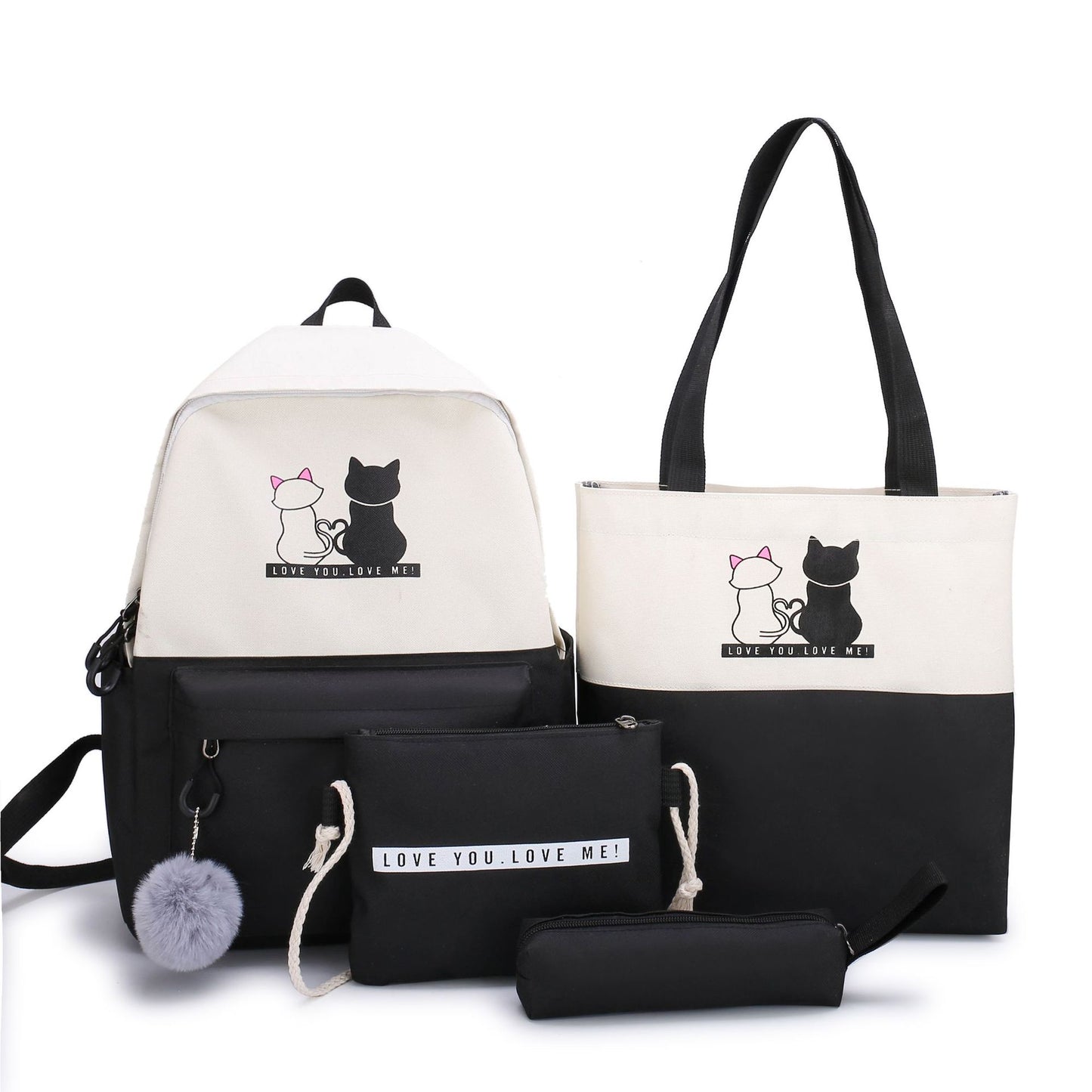 4-Piece Black Student Backpack Set with Cat Print