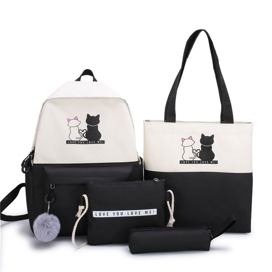4-Piece Black Student Backpack Set with Cat Print