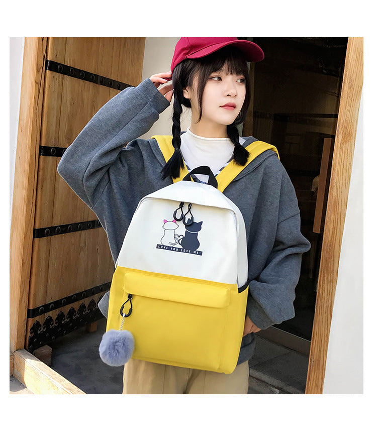 4-Piece Orange Student Backpack Set with Cat Print