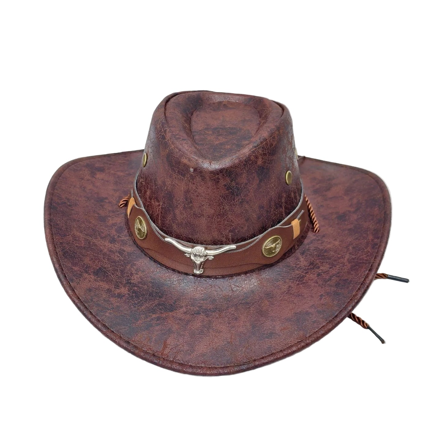 Rustic Western Cowboy Hat - Distressed Faux Leather Look Wide Brim Outback Sun Hat with Bull Head Emblem for Men & Women (Coffee Brown)